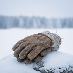 Brown leather gloves on snow