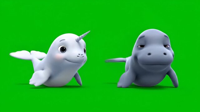 Animated baby whale and narwhal dancing and playing on green screen background