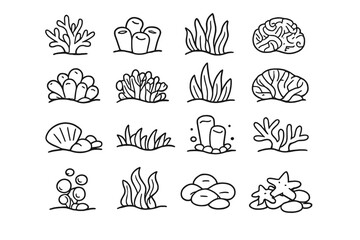 Hand-drawn collection of underwater plants and sea creatures