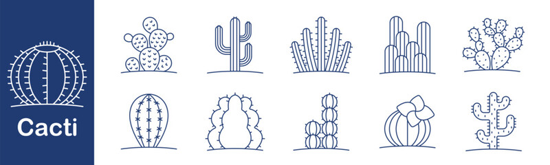 Cactus set icon. Collection of desert-style cactus illustrations with various shapes including round, tall, flat, segmented, flowered, and multi-armed silhouettes in line style