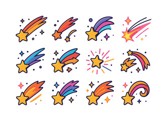 Colorful Shooting Stars Icons. Shooting stars. Colorful isometric vector icons set of shooting stars: long-tail comet, short-tail comet, curved trail star,