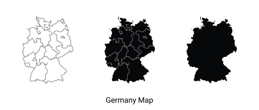 Three black and white map silhouettes of germany