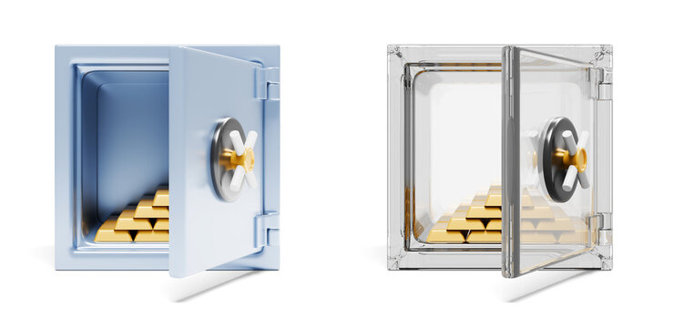 3D Gold bars are in an open safe box illustration