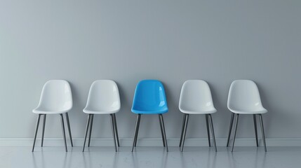 Hiring and recruitment concept with row of chairs and one unique blue seat for the best candidate
