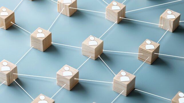 Concept de recrutement et emploi avec r&eacute;seau de cubes en bois connect&eacute;s, ressources humaines.