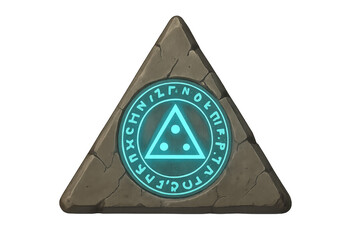 Ancient stone triangular magic relic with glowing blue runic symbol