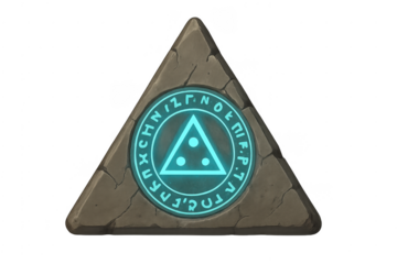 Ancient stone triangular magic relic with glowing blue runic symbol