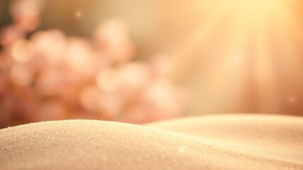 Sandy dunes bathed in warm sunlight with soft bokeh background rays
