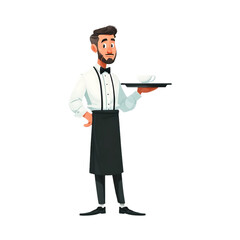 Illustrated waiter in formal uniform serving a tray in a restaurant setting.