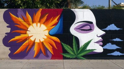 A colorful mural of a woman's face with a flower and a plant.