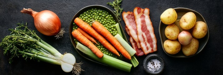 A colorful assortment of fresh vegetables and bacon on a dark countertop, set against a light background for emphasis.