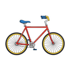 Vibrant red bicycle with blue seat and yellow wheels