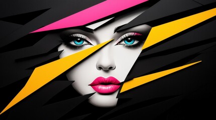 A digital illustration of a woman's face with striking blue eyes, pink lips, and a bold pink and yellow geometric design.