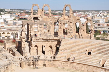 The Amphitheater of El-Djem, the second largest historic amphitheater in the world, built by the Romans in the 3rd century AD. Africa, Tunisia,