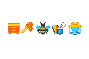 Fototapeta premium Beehive, honey dipper, bee, smoker, and beekeeper hat icons on a gradient background