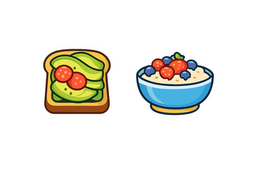 Avocado toast and oatmeal with berries icon set
