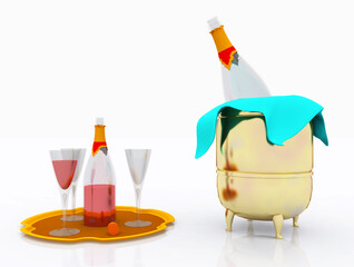 Flaschentablett, Weinflasche, Weingl&auml;ser und Weink&uuml;hler