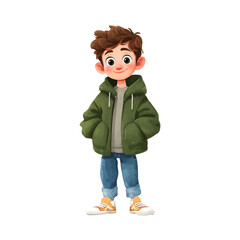 Friendly cartoon boy in a green jacket standing with hands in pockets.