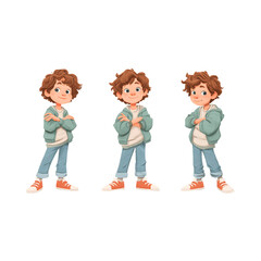 Cartoon boy in different poses, smiling, wearing blue jacket and jeans, orange sneakers