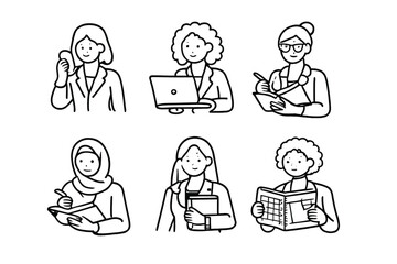 Diverse women in professional attire engaged in work activities