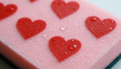 Obraz premium Delicate red hearts adorn a soft pink sponge, glistening with tiny water droplets