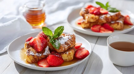 Plated servings of strawberry French toast casserole on white plates, dusted with powdered sugar