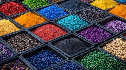 A vibrant display of colorful spices and grains.