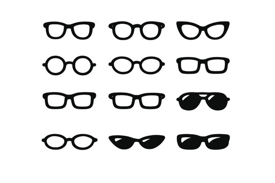 Various Black Eyeglasses Silhouettes on Gray Background