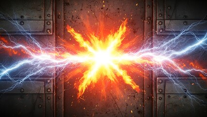 Dynamic visual composition featuring intense energy discharge amidst metallic textures