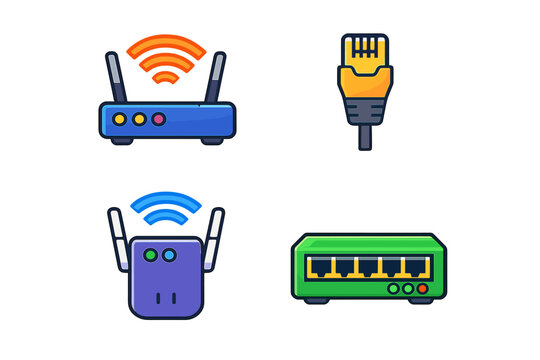 Network equipment icons: router, WiFi extender, Ethernet cable, and switch