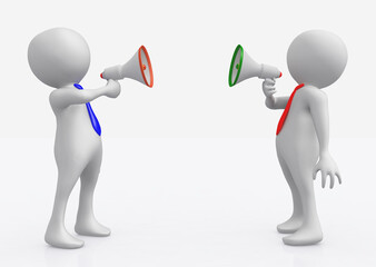 Zwei 3D Figuren mit Megafon stehen sich gegen&uuml;ber