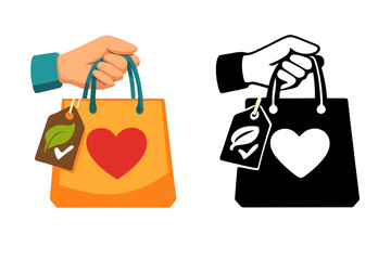Hand holding a shopping bag with a heart and eco tag