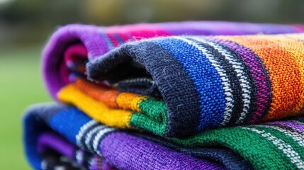 A colorful blanket with stripes and patterns.