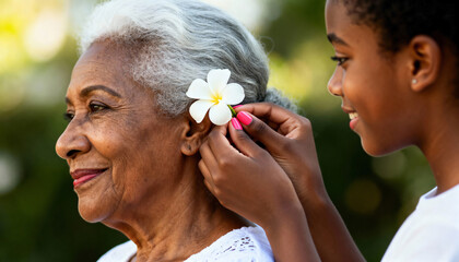 Obraz premium Young African American granddaughter puts a white flower in her grandmother's hair. Tender moment showing intergenerational family love and care. Senior woman and child bonding outdoors