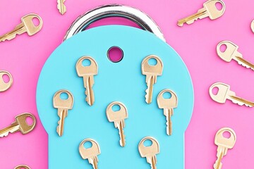 An abstract arrangement of small keys surrounding a closed key lock.