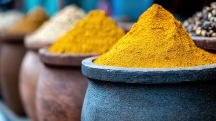 A close-up view of a pile of vibrant turmeric powder in a dark blue ceramic pot, with other similar containers in the background.