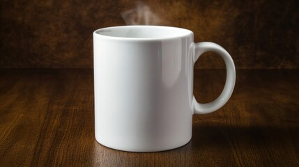 Obraz premium Steaming White Ceramic Mug with Hot Beverage on Dark Wood Table