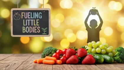 Healthy food for little bodies with blackboard message and child silhouette holding apple