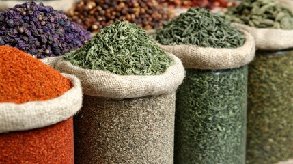 A row of spice jars filled with various herbs and spices.