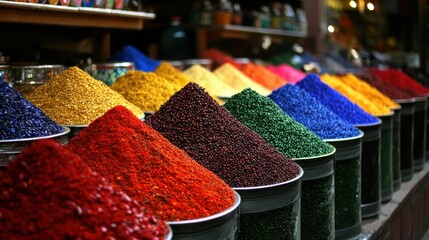 A vibrant display of colorful spices in metal containers.