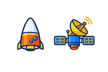 Cartoon rocket and satellite icons