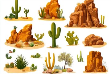 Creative cartoon representations of cacti, rocks, and other desert features.
