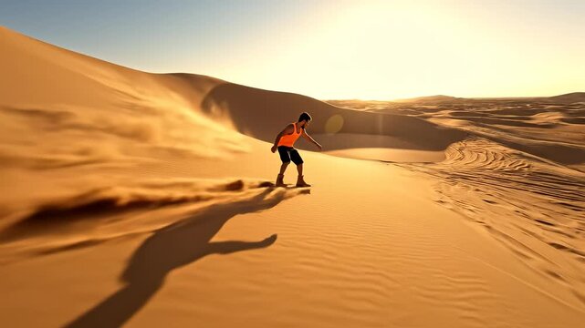 Man sandboarding in desert at sunset