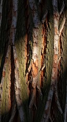 Deeply textured tree trunk surface exhibits rugged patterns illuminated by direct sunlight.