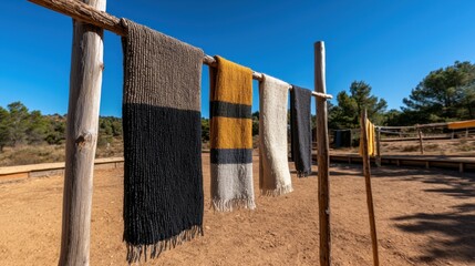 A line of scarves hanging on a wooden pole.