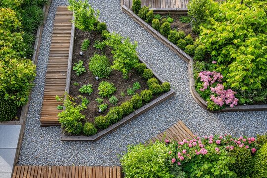 Creative gravel designs enhance the beauty of raised beds in your garden.