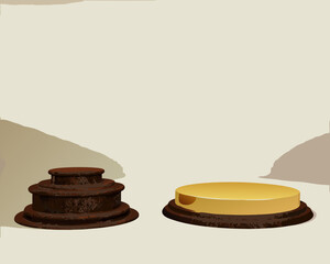 An illustration of two vintage objects a brown spool and a yellow dish