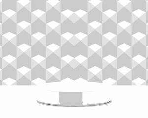 Geometric pattern background with a white cylindrical pedestal in foreground