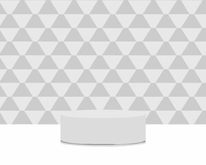Minimalist white product display platform against a geometric gray and white backdrop