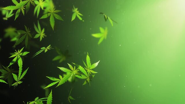 Flying marijuana leaves and dust particles in beams of light. Seamless looping animation.